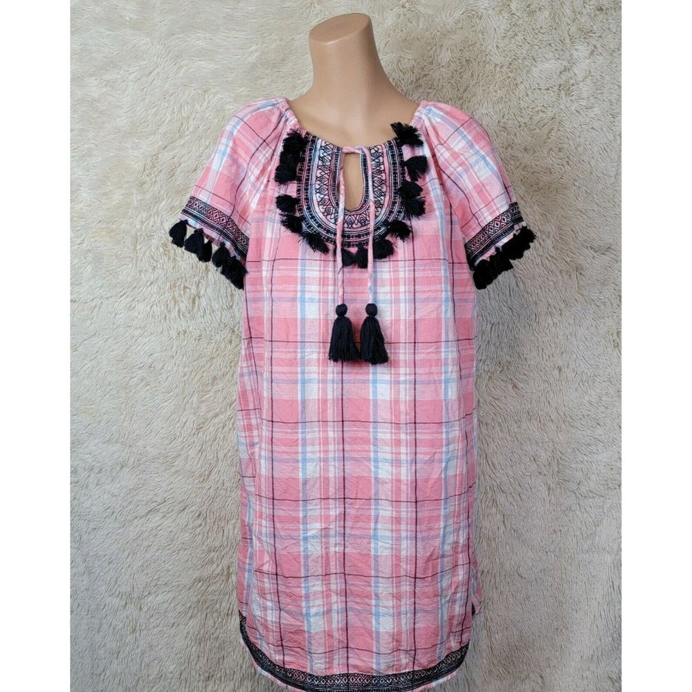Crown & Ivy Women's Size 4 Short Sleeve Tassel Dress Pink & Blue Plaid Cotton N